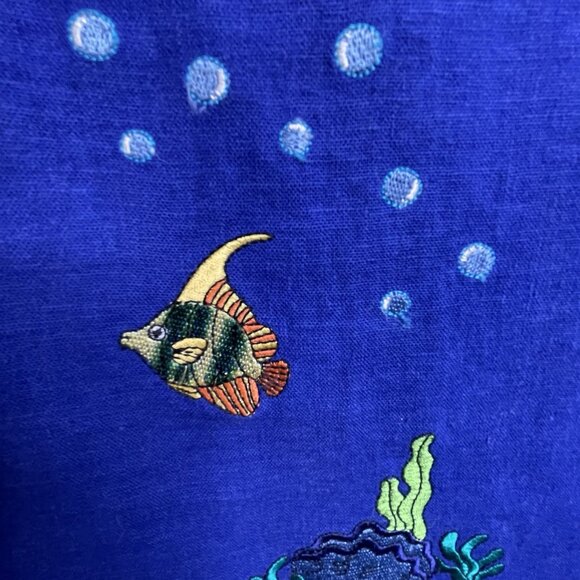 VTG 90s Ultra Dress 14 Linen Blend Fish Embroidered‎ Sleeveless Blue Nautical - Picture 6 of 16